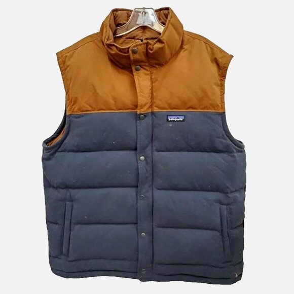 Patagonia Men XL Bivy Puffer Vest Duck Down Blue Tan Brown Puffy Full Zip 27586